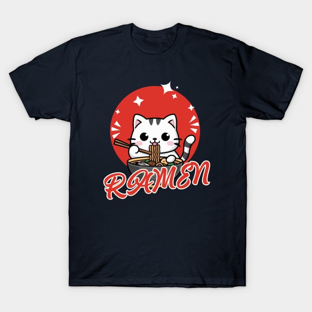 Cute Cat Eating Ramen T-Shirt by Montony